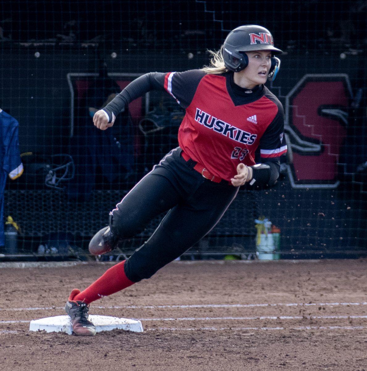 Senior+catcher%2Foutfielder+Ellis+Erickson+%2823%29+rounds+first+base+after+hitting+a+single+on+March+30+against+Kent+State+University.+Erickson+was+named+to+the+Northern+Star+Sports+Staffs+MAC+softball+All-Star+squad.+%28Northern+Star+File+Photo%29