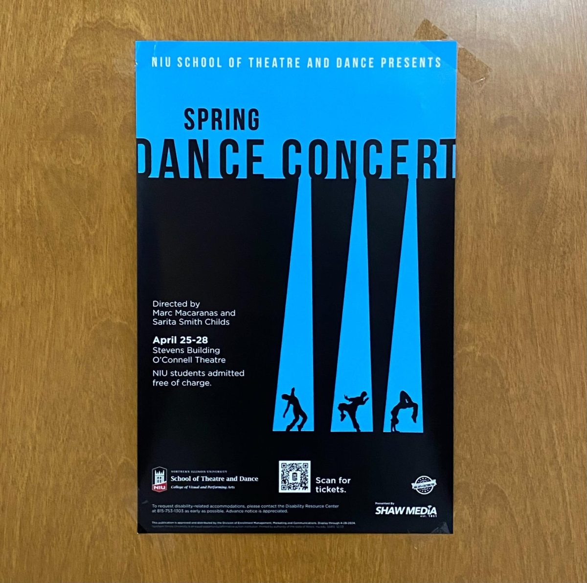 A+poster+for+the+Spring+Dance+Concert+hangs+in+the+Stevens+Building.+This+will+be+the+School+of+Theatre+and+Dance%E2%80%99s+last+show+of+the+2023-2024+production+season.+%28Brynn+Krug+%7C+Northern+Star%29+