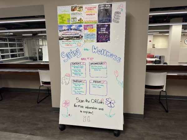 A whiteboard with a list of Student Wellness Week activities written on it sits in the Holmes Student Center. April 8 to 12 NIU is hosting Student Wellness Week events for students to relax. (Gabby Crabtree | Northern Star)