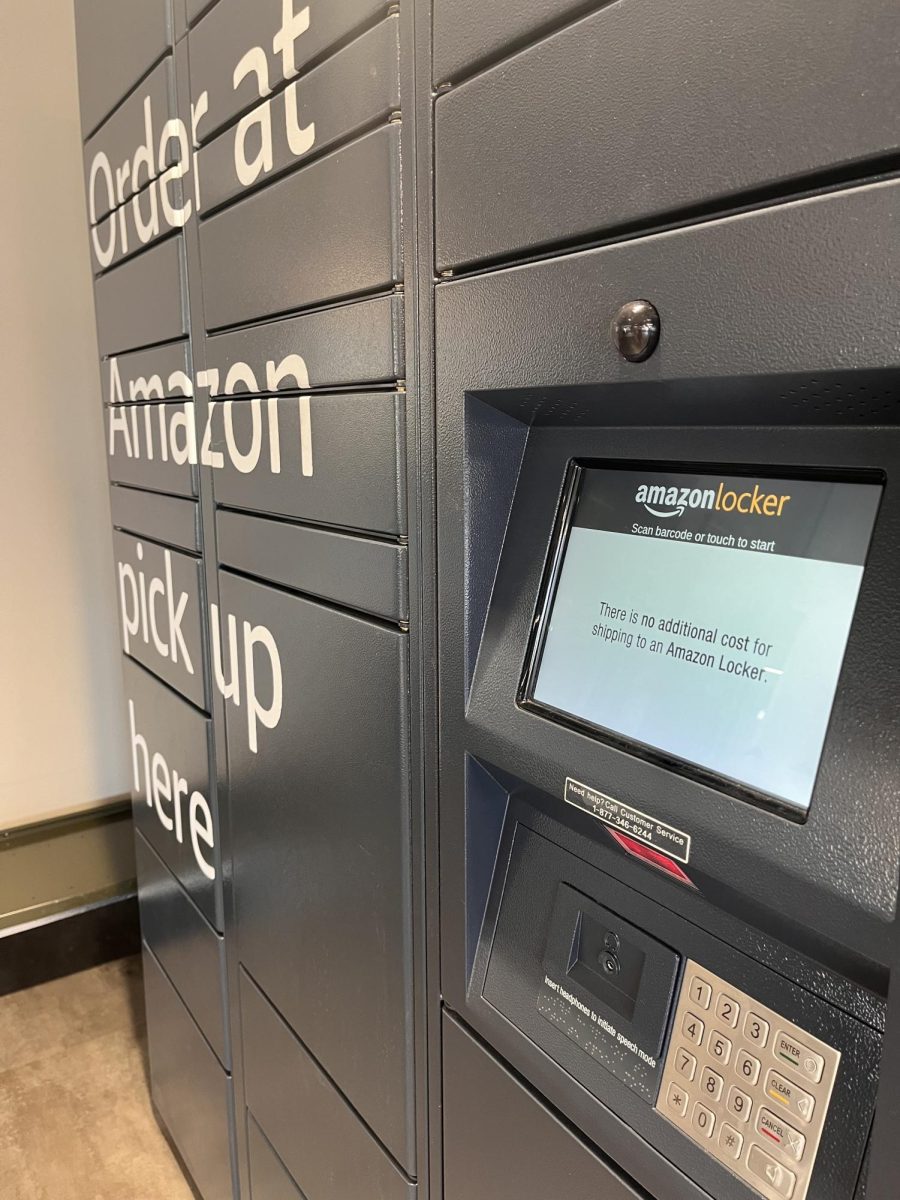 The Holmes Student Center Amazon Hub screen reads There is no additional cost for shipping to an Amazon Locker. The HSC Amazon Hub could aid student package security, especially for students living in dorms. (Lucy Atkinson | Northern Star)
