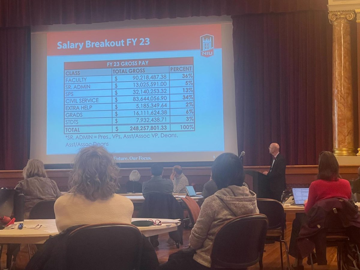 John Acardo, chief human resources officer, gives a presentation about NIU’s budget during the Faculty Senate meeting Wednesday. NIU has a deficit mitigation plan to try and reduce the $32 million deficit. (Emily Beebe | Northern Star)