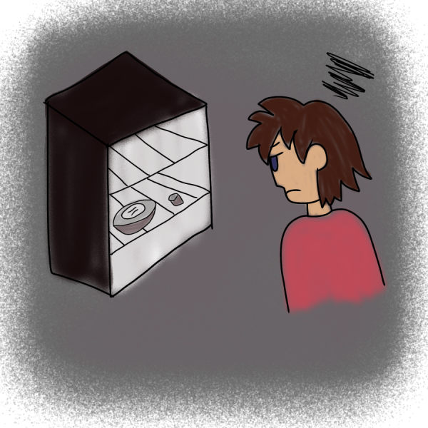 A figure stares in disappointment at the minimal food items available in a mini-fridge. MyPantry is a good start to accommodating students with allergies but should be improved. (Mary Ngo | Northern Star)