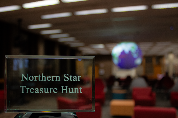 The Northern Star paperweight sits on a table in Founders Memorial Library. The Northern Star treasure hunt will begin April 8. (Totus Tuus Keely | Northern Star)