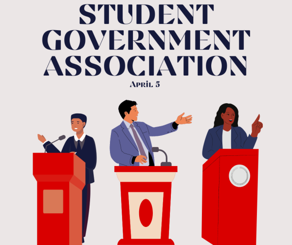 Three people stand at podiums gesturing and speaking. SGA on Friday discussed two potential bills that would adjust the Supreme Court Justice appointment process. (Northern Star graphic)