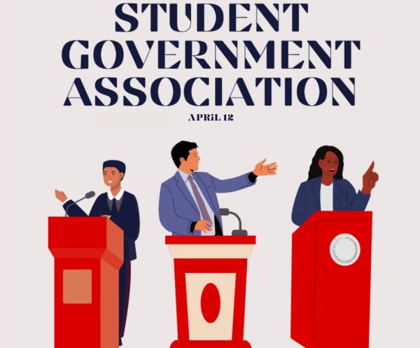 Three people stand at podiums gesturing and speaking. The Student Government Association met on Friday to discuss potential constitutional bills about the Supreme Court and SGA stipends. (Northern Star graphic)