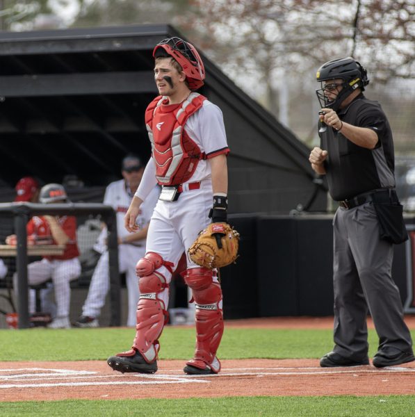 Then-junior Colin Summerhill stands over home plate in an NIU baseball home game against Western Michigan University on April 14, 2023. Summerhill was named to the Northern Star Sports Staffs MAC baseball All-Star squad. (Tim Dodge | Northern Star)
