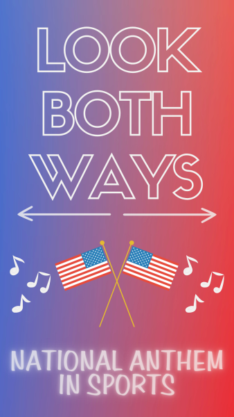Two American flags and music notes rest under the words Look Both Ways and the topic of the week: playing the national anthem at sports events. Is the national anthem overplayed at sports events? (Lucy Atkinson | Northern Star)