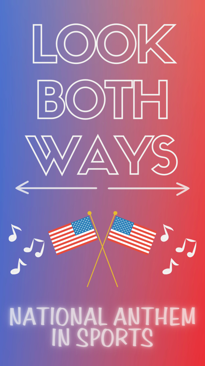 Two+American+flags+and+music+notes+rest+under+the+words+Look+Both+Ways+and+the+topic+of+the+week%3A+playing+the+national+anthem+at+sports+events.+Is+the+national+anthem+overplayed+at+sports+events%3F+%28Lucy+Atkinson+%7C+Northern+Star%29