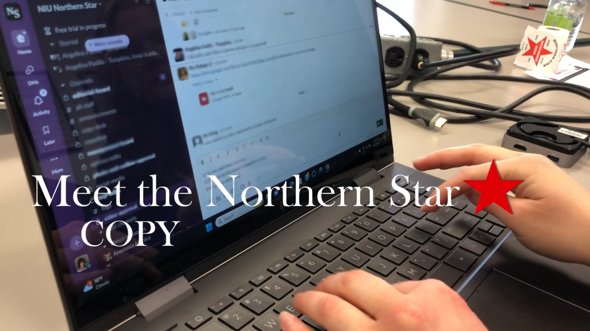 A graphic of Meet the Northern Star Copy hangs over a laptop open to the Northern Stars Slack. The Copy section of the Northern Star edits all written and captioned pieces. (Jenny Javkhlantugs | Northern Star)