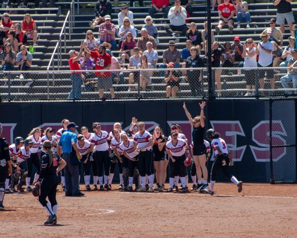 The NIU softball team cheers on freshman designated hitter Alana Powell (8) at home plate after she hit a home run to center field in the third inning of the first game. NIU hit three home runs in the third inning, first by senior first baseman Caitlyn Shumaker (3), then Powell and freshman designated hitter Alana Powell (8) adding four runs to NIU’s score, helping NIU beat Ball State 9-2. (Totus Tuus Keely | Northern Star)

