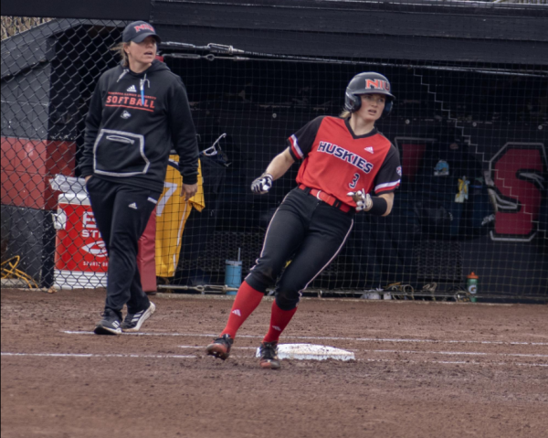 Senior third baseman Caitlyn Shumaker (3) rounds first base after hitting a single to left field against Kent State Saturday. Shumaker broke the NIU softball career record of 61 stolen bases. (Northern Star File Photo)