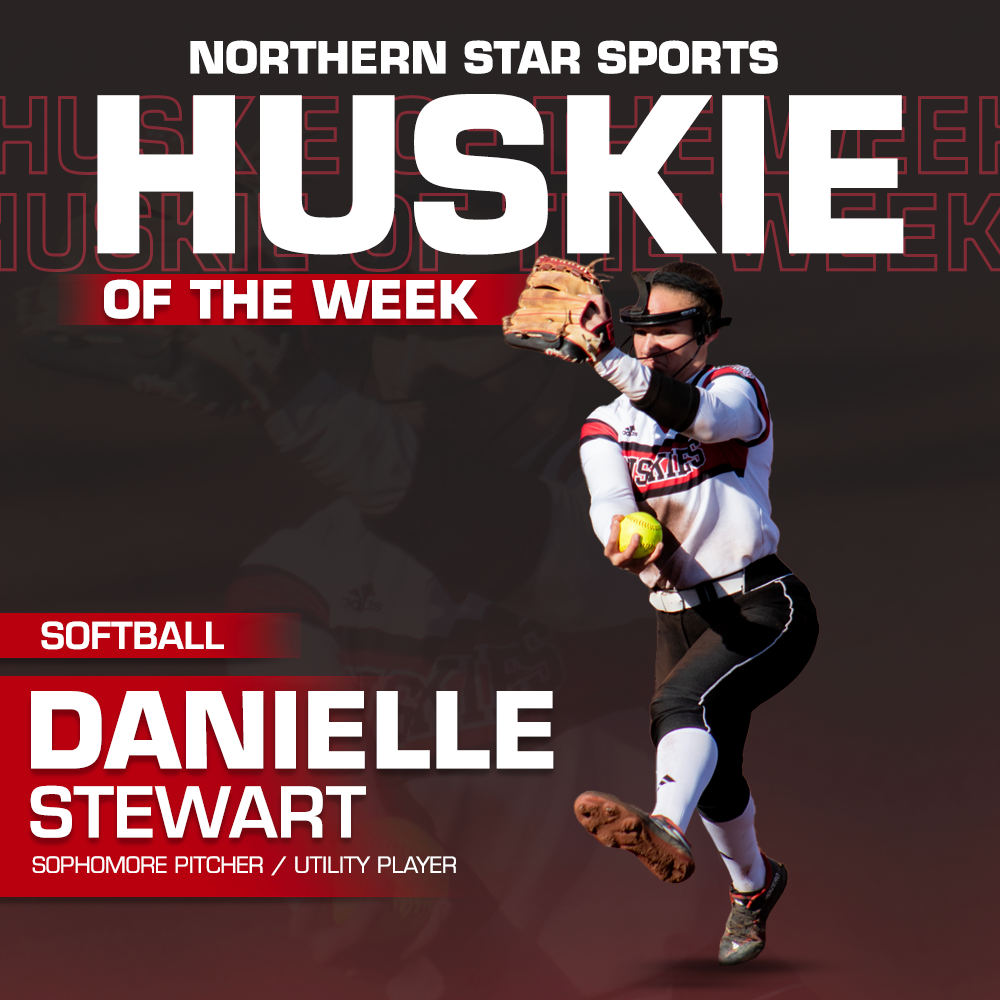 A graphic shows sophomore pitcher/utility Danielle Stewart as the Huskie of the Week. Stewart recorded NIU softballs first no-hitter since 2006 on Friday and struck out 17 batters in 10 innings pitched for the week. (Eddie Miller | Northern Star)