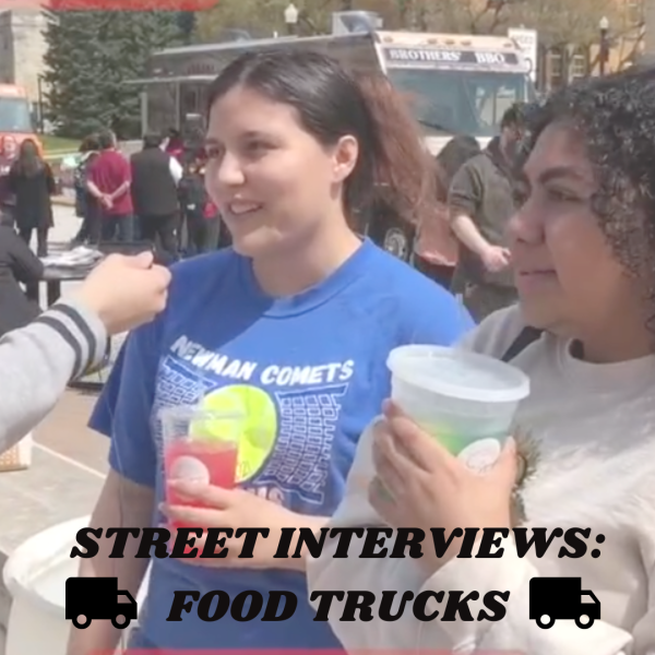 Lilliana Campbell (left), a sophomore psychology major, and Adé Basurto, a junior communicative disorders major, respond to a street interviews prompt. What are your favorite food trucks? (Northern Star Graphic)