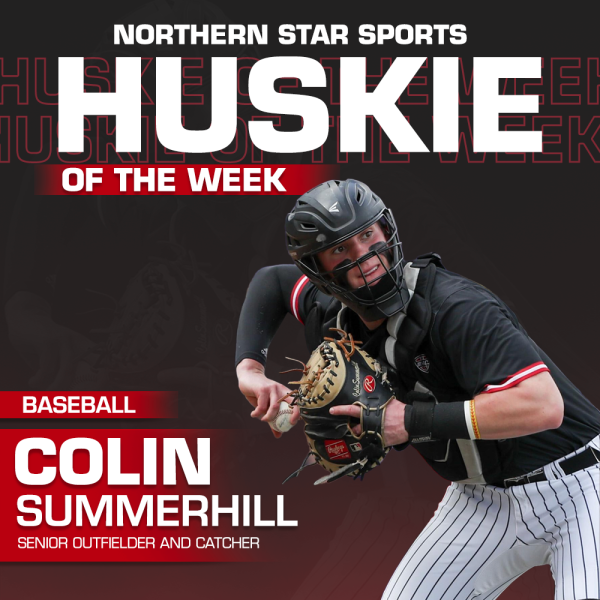 A graphic shows senior catcher/outfielder Colin Summerhill as the Huskie of the Week. Summerhill hit his MAC-leading 15th home run on Sunday. (Eddie Miller | Northern Star) 