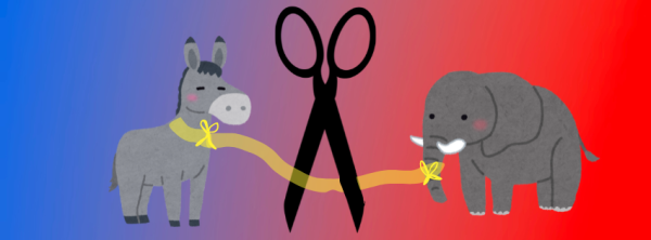 A donkey and an elephant linked together by a yellow connection are snipped apart by a large pair of scissors. Given the meaningful values that are often linked to our political beliefs, it is OK to break ties with family and friends over politics. (Lucy Atkinson | Northern Star Graphic)