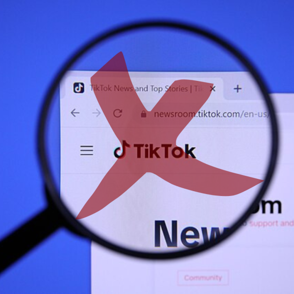 A magnifying glass zooms in on the TikTok logo, which is marked with a red X. The strongly opposed legislation aimed at prohibiting foreign adversary controlled applications would prove beneficial to national security. (Courtesy of Wikimedia Commons | Northern Star Graphic)