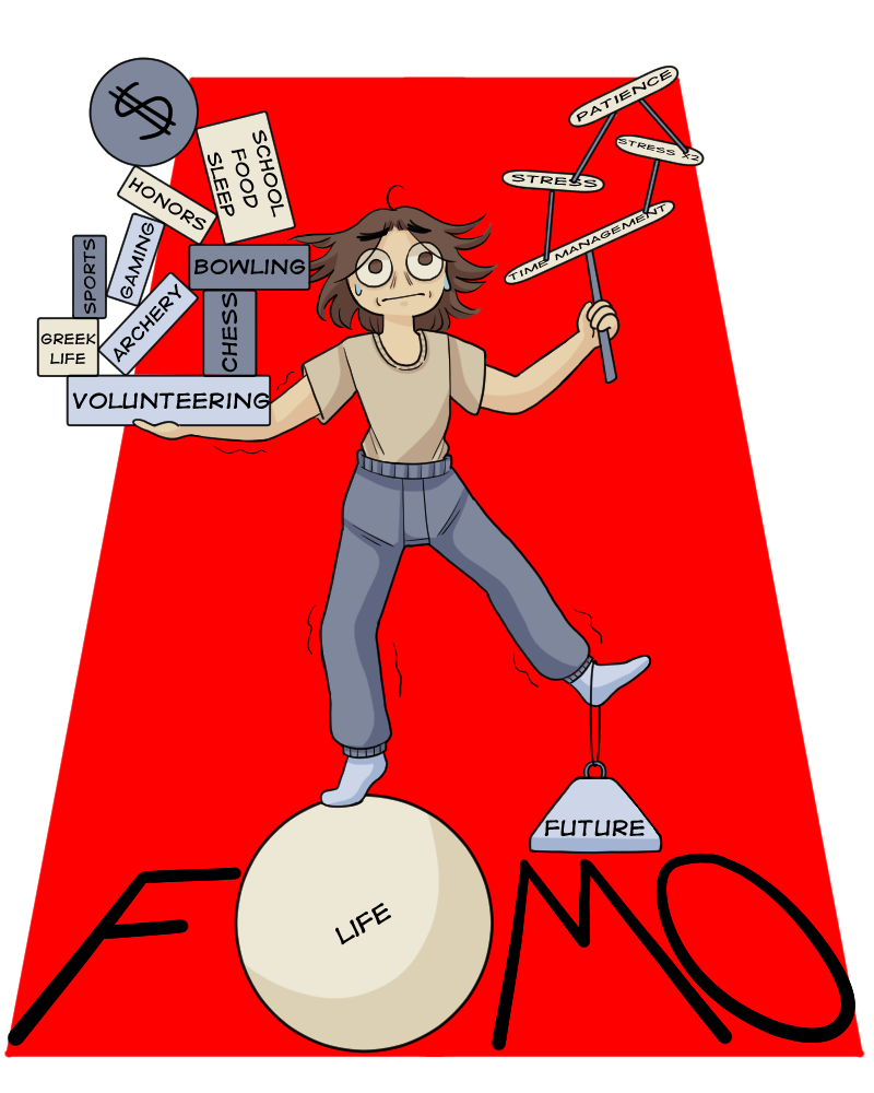 A figure balances precariously on the word “FOMO,” struggling to maintain various words indicating involvement, student life and everyday battles, including “time management,” “stress,” “school,” “food,” and “future.” Students should push back against feelings of FOMO. (Christa Kim | Northern Star)