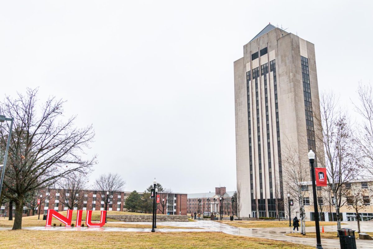 The NIU letters sit in the MLK Commons near the Holmes Student Center. Dr. Alexander Garivaltis, an associate professor in the Economics department died April 8. (Northern Star file photo)