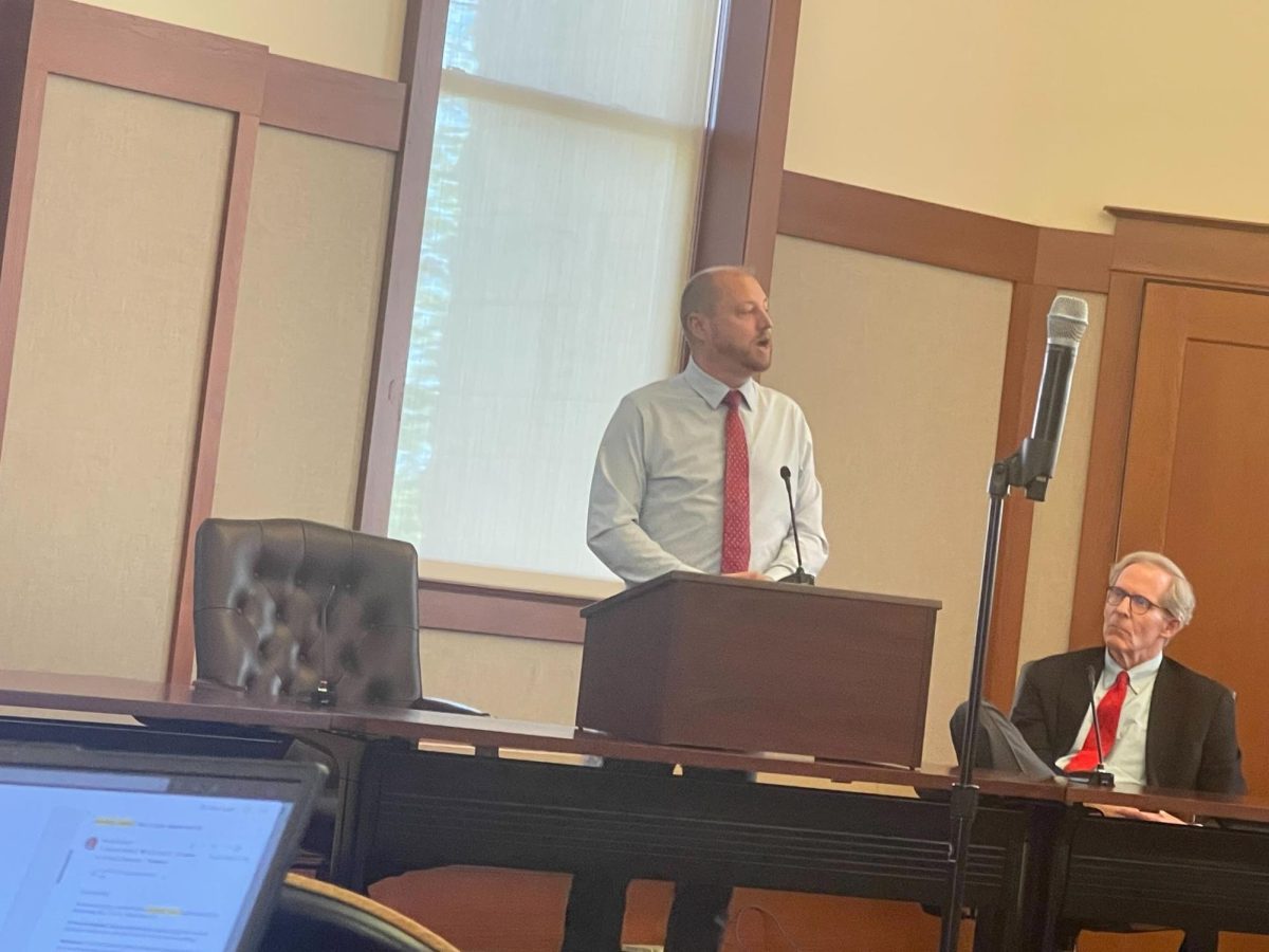 Zac Gill, city engineer for the City of DeKalb spoke at University Council Wednesday. Gill spoke about the construction occurring at the Normal Road and Lucinda Avenue intersection. (Emily Beebe | Northern Star)