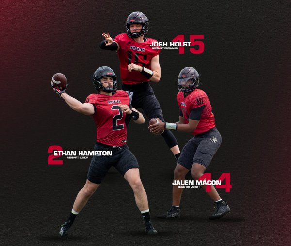 A graphic shows redshirt junior quarterback Ethan Hampton, redshirt junior quarterback Jalen Macon and redshirt freshman quarterback Josh Holst. Sports Reporter Skyler Kisellus believes the three have emerged as the top contenders to succeed Rocky Lombardi as NIU’s starting quarterback. (Eddie Miller | Northern Star)