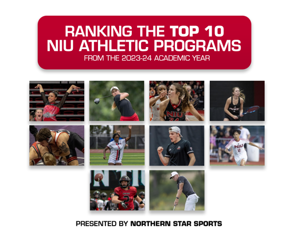 A graphic displays 10 photos of NIU student-athletes from various athletic programs under a red box with white lettering. The Northern Star Sports Staff compiled its top-10 NIU Athletics programs of the academic year. (Eddie Miller | Northern Star)