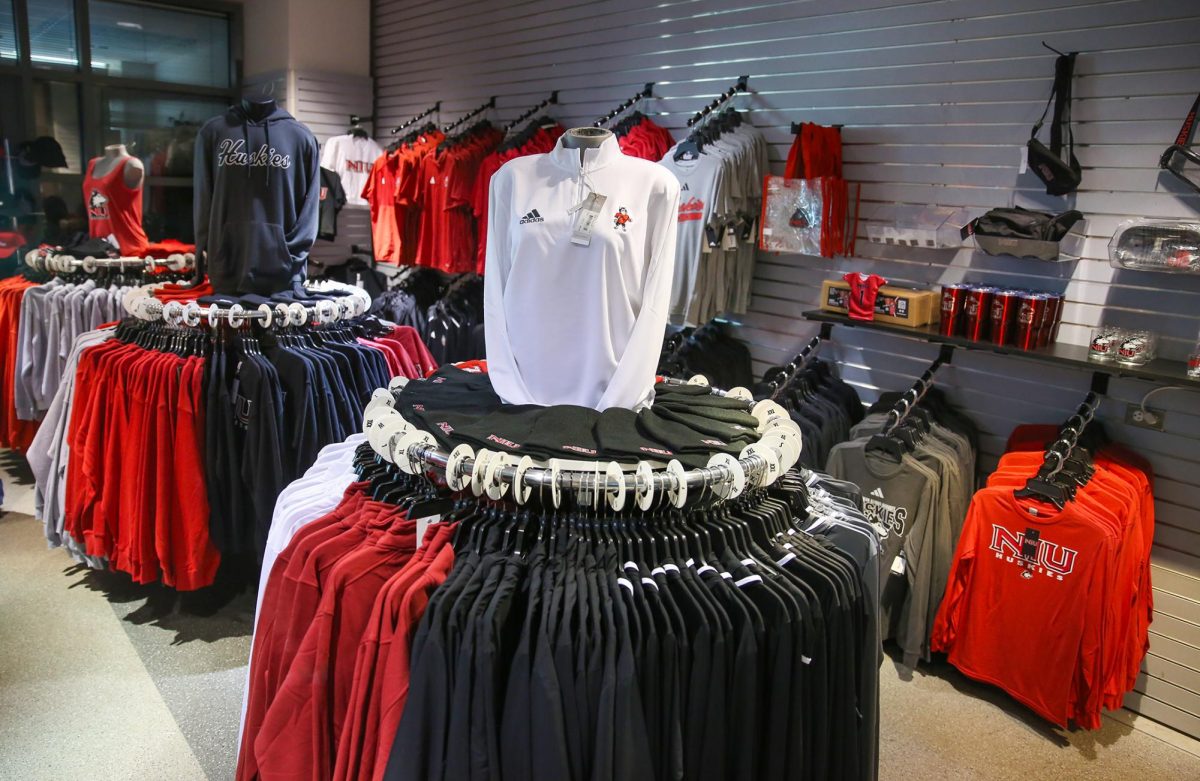 Licensed NIU merchandise is displayed inside an apparel store located inside the Convocation Center. NIU will open two permanent apparel store locations in the fall. (Courtesy of NIU Athletics)