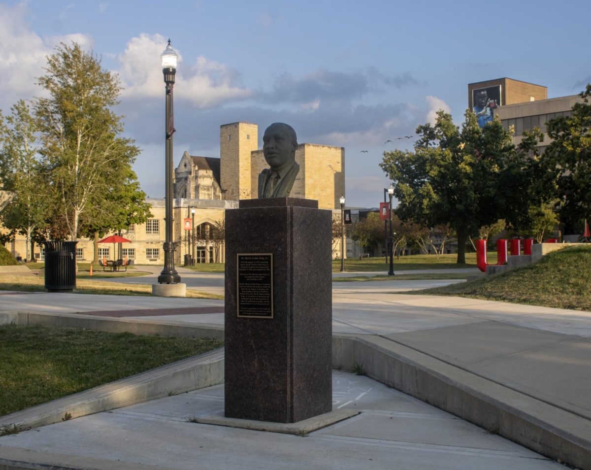 The MLK statue sits near the Holmes Students Center. MLK Commons is where many activities and events are held during the semester. (Tim Dodge | Northern Star) 
