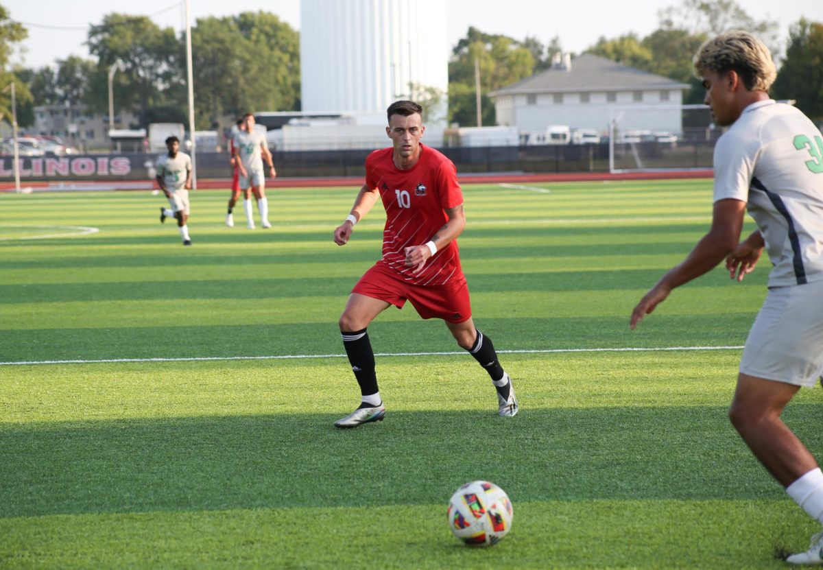 Senior forward Kevin Kelly (10) approaches the ball Sunday at the NIU Soccer and Track & Field Complex. Men's and women's soccer have added 22 new student-athletes for the 2024 season as the Huskies look to expand on conference championship tournament appearances in 2023. (Courtesy of NIU Athletics)