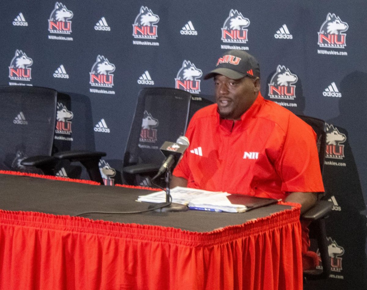 NIU head football coach Thomas Hammock speaks to the media during a press conference Tuesday in the McCareins Auditorium inside the Yordon Center. Hammock will lead the Huskies against Western Illinois University on Saturday in NIU’s season opener at Huskie Stadium. (Tim Dodge | Northern Star)