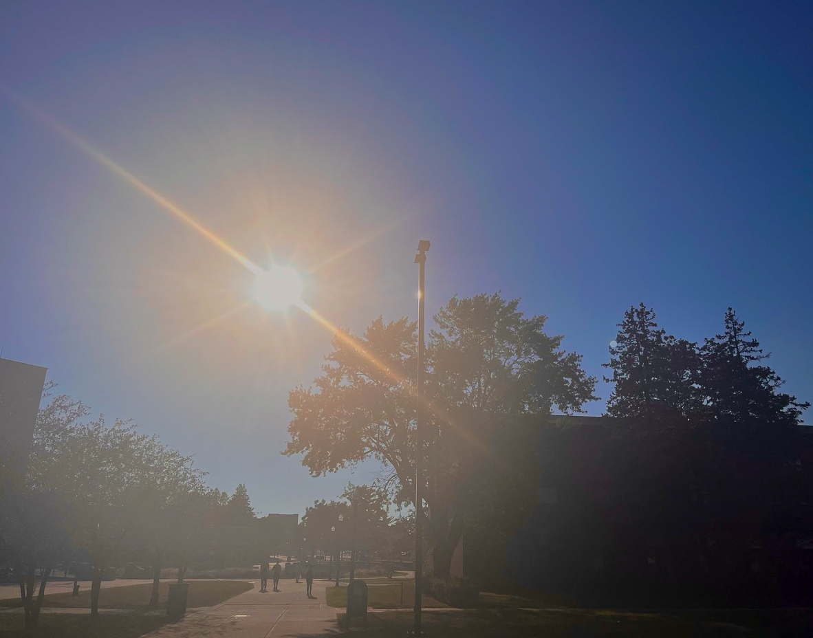 The sun shines through trees on NIU's campus. DeKalb is under a heat advisory warning. (Ethan Rodriguez | Northern Star)