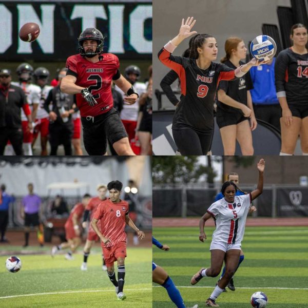 A graphic displays photos of NIU student-athletes from football, volleyball, men's soccer and women's soccer. Sports Editor Lucas Didier shares his most important focus areas for each of NIU's fall sports teams. (Eddie Miller | Northern Star)