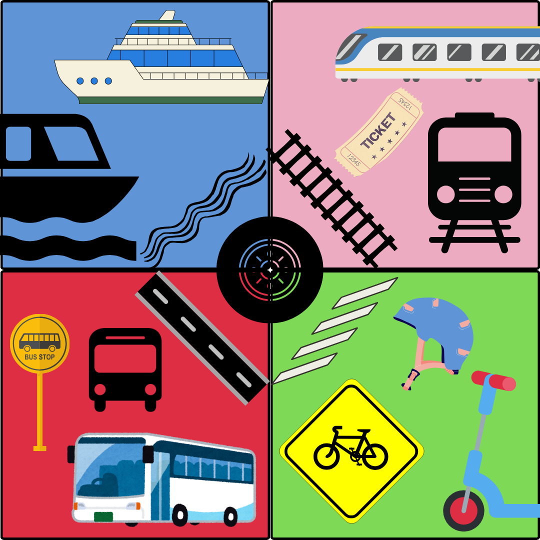 Four quadrants display different methods of public transportation, including: ferries, trains, buses, bikes and scooters. What method of public transportation is your favorite? (Lucy Atkinson | Northern Star)