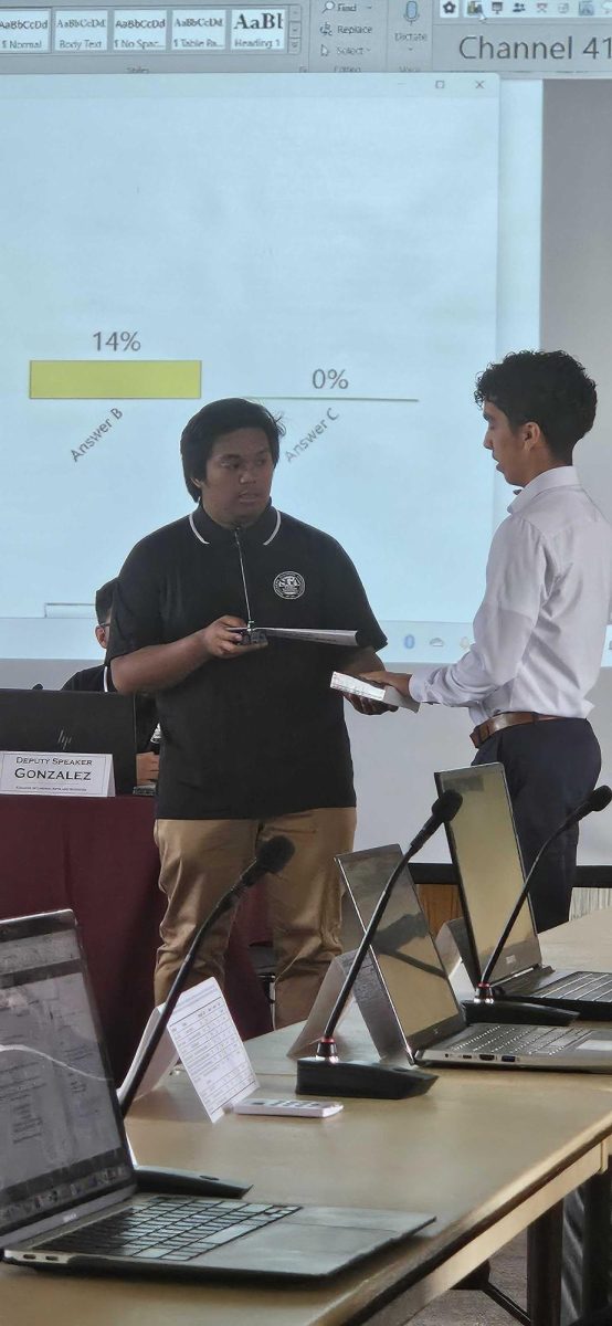 Student Government Association speaker Manny Corpuz swears in Eddie Guerrero as a new SGA senator. Guerrero was sworn in as SGA senator with a 12-2-0 vote. (Kahlil Kambui | Northern Star)