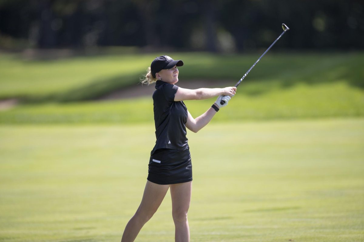 Senior Jóhanna Lúðvíksdóttir watches her shot on her follow-through. NIU women's golf finished in 12th place at the Mary Fossum Invitational on Monday in East Lansing, Michigan. (Courtesy of NIU Athletics)