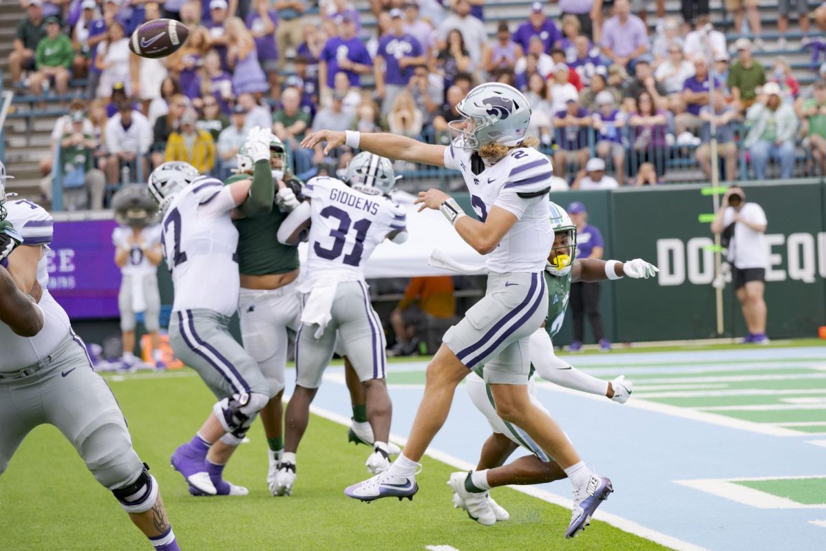 Kansas State sophomore quarterback Avery Johnson (2) throws against Tulane University on Sept. 7. Sports Reporter Skyler Kisellus believes NIU football fans should be interested in Kansas State's next game as a win over No. 20 ranked University of Arizona could improve the Huskies' ranking in the AP Top 25. (Matthew Hinton | AP Photo)