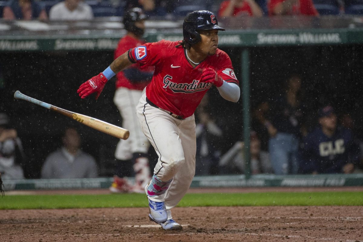 Cleveland Guardians' third baseman Jose Ramirez watches his double during the eighth inning against the Houston Astros on Saturday in Cleveland, Ohio. The Guardians are one of 12 teams competing in the 2024 MLB Postseason, which begins on Tuesday. (Phil Long | AP Photo)