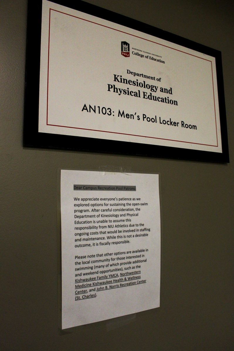 A sign is taped to the entrance of the men's locker room leading into Anderson Pool. The Anderson Pool has closed indefinitely due to low participation in the open-swim program and the ongoing costs of maintenance and staffing. (Totus Tuus Keely | Northern Star)