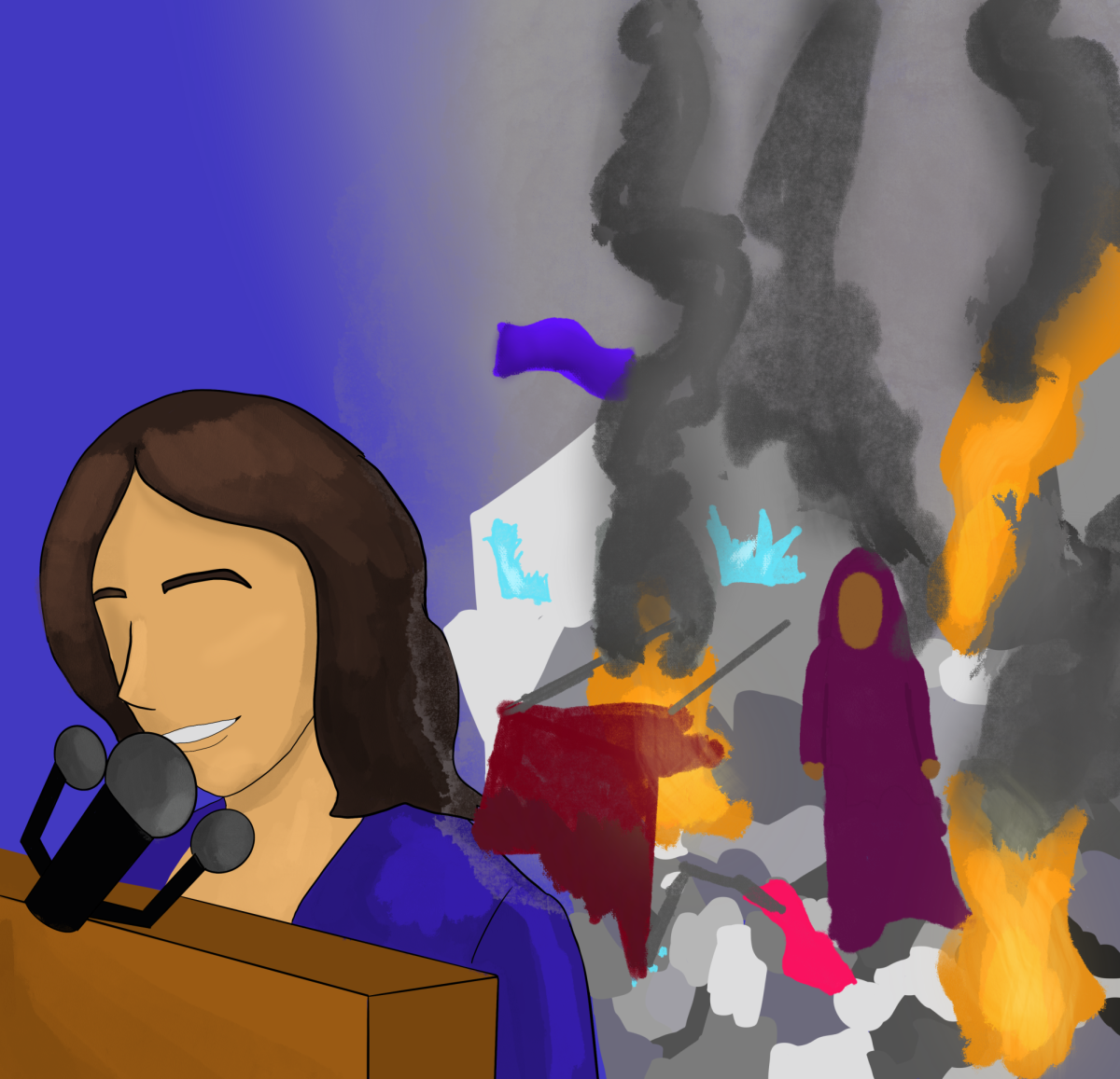 A speaker wearing blue talks at a podium with a smile while images of a figure surrounded by destruction and fire are visible over her shoulder. Opinion Columnist Jackson Shields believes the conflict in Gaza deserved greater attention from the Democratic National Convention last month. (Daniela Barajas | Northern Star)