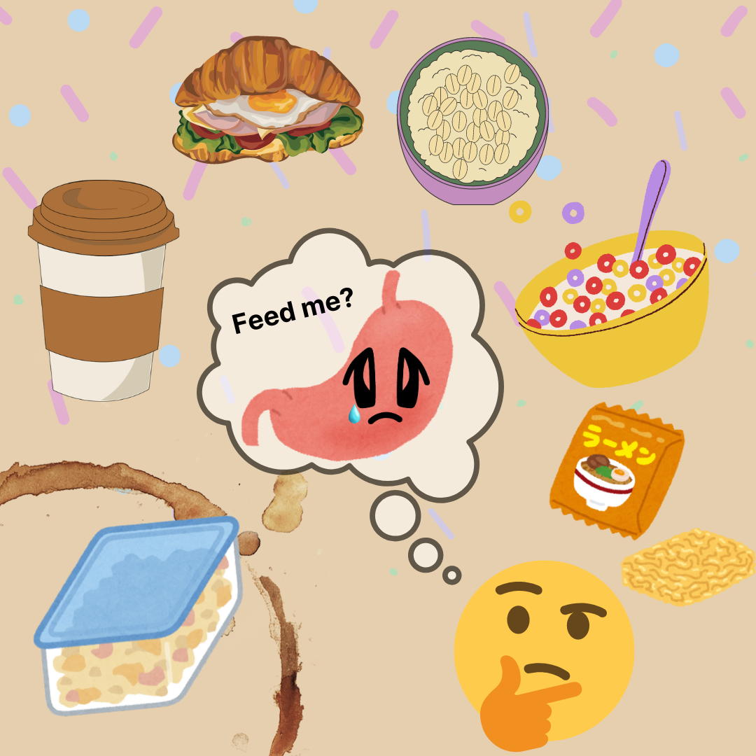 A sad, little stomach cries in a thought bubble surrounded by various breakfast foods. What college kid breakfast do you think is best? (Lucy Atkinson | Northern Star)