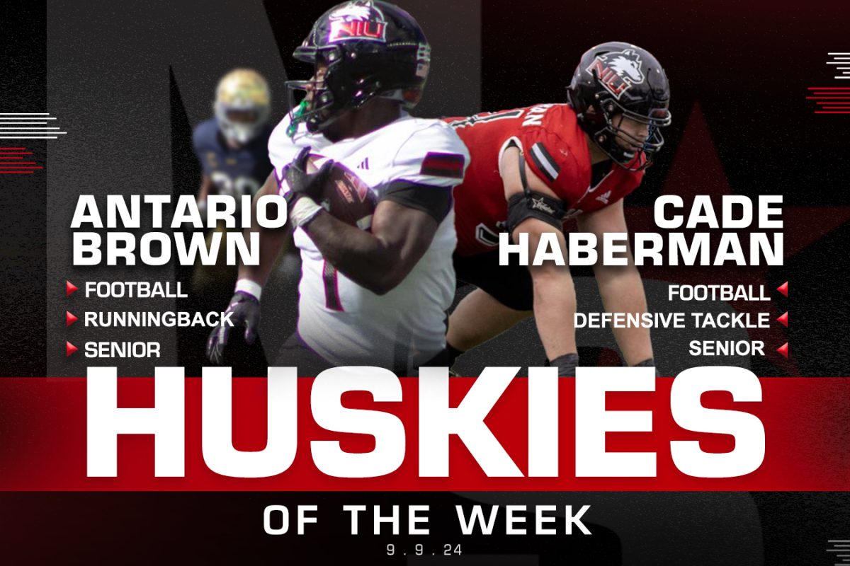 A graphic shows senior running back Antario Brown and senior defensive tackle Cade Haberman as Huskies of the Week. Brown scored NIU football's only touchdown and Haberman blocked two kicks as the Huskies defeated the University of Notre Dame on Saturday. (Eddie Miller | Northern Star)