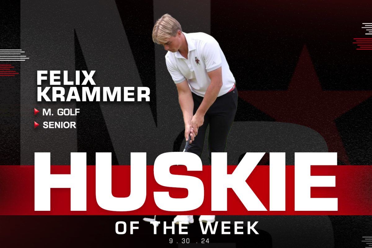 A graphic shows senior golfer Felix Krammer as Huskie of the Week. Krammer matched NIU's 18-hole scoring record Yesterday, posting a score of 64 in the first round of the Badger Invitational. (Eddie Miller | Northern Star)