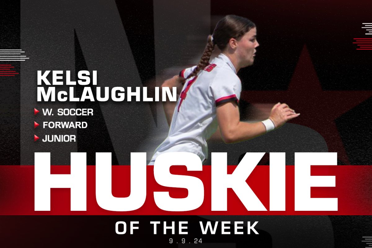 A graphic shows junior forward Kelsi McLaughlin as Huskie of the Week. McLaughlin scored the Huskies’ only goal in a 1-0 victory over Illinois State University on Thursday. McLaughlin also scored NIU’s first goal in its 2-1 victory over Valparaiso University on Sunday. (Eddie Miller I Northern Star)