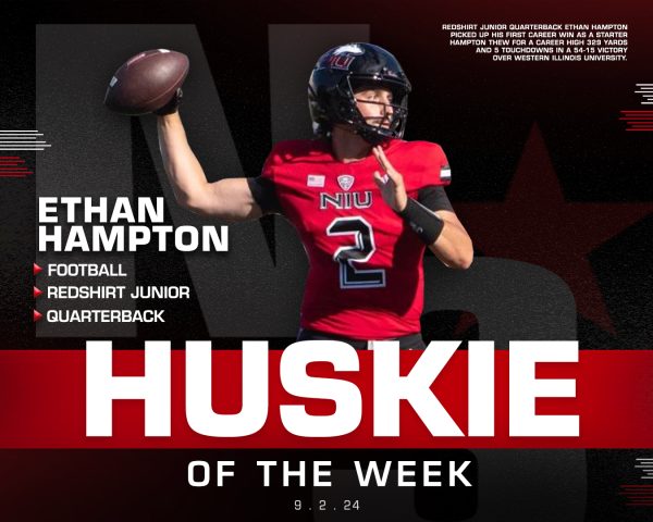 A graphic shows redshirt junior quarterback Ethan Hampton as Huskie of the Week. Hampton threw for five touchdowns and 328 yards Saturday as NIU football defeated Western Illinois University 54-15. (Eddie Miller | Northern Star)