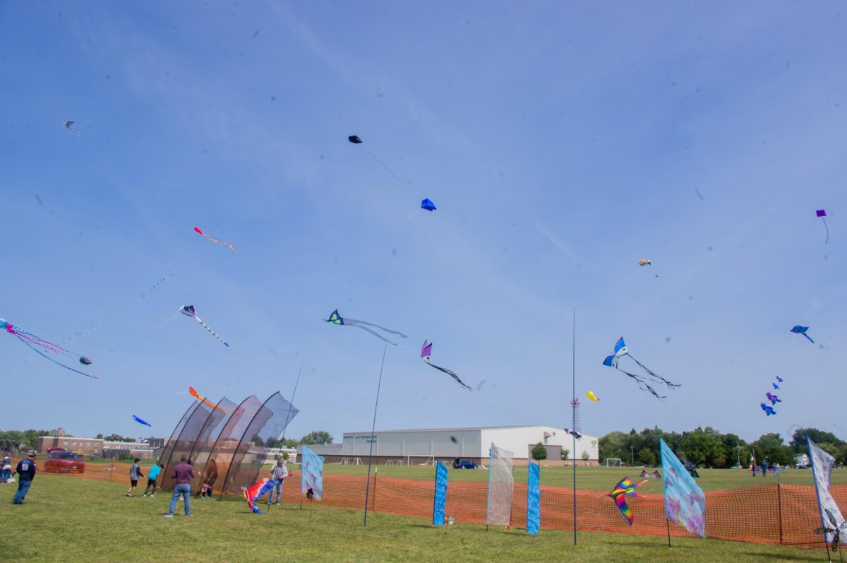 Numerous kites fly in the sky during Kite Fest. Both novice and professional kite fliers had open space to fly their kites. (Sam Dion | Northern Star)