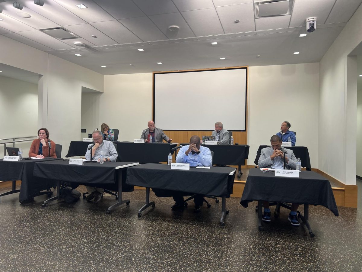 The members of DeKalb City Council sit at the city council meeting Monday. The DeKalb City Council passed an ordinance in a 5-2 vote to add a cosmetic liquor license. (Devin Oommen | Northern Star)