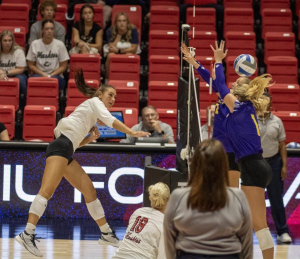 Senior outside hitter Nikolette Nedic spikes the ball over the net Aug. 30 against Western Illinois University. NIU volleyball defeated Tarleton State University  in five sets Friday to claim its first win of the season. (Tim Dodge | Northern Star)