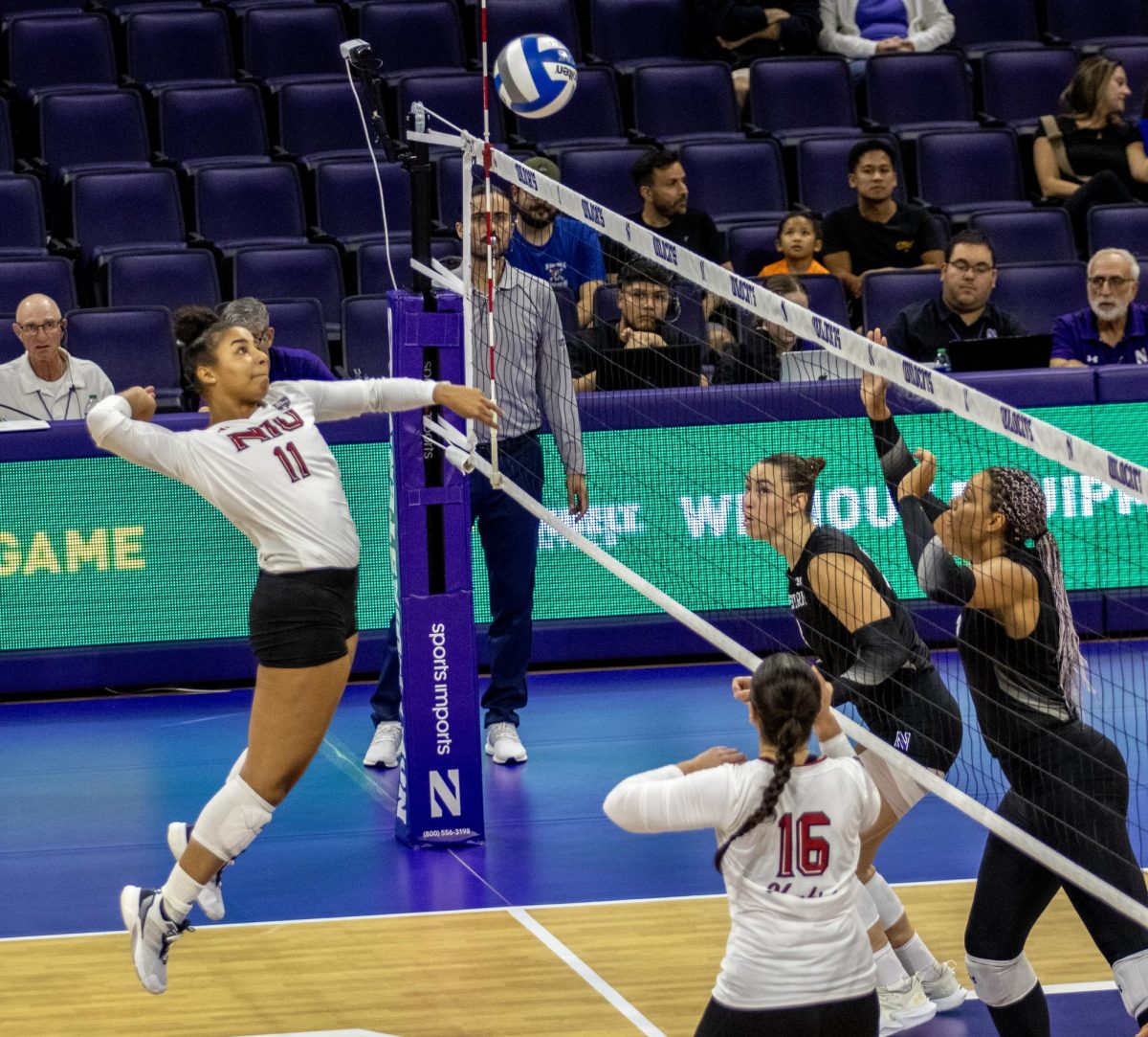 Senior mid-blocker Charli Atiemo (11) winds up back to spike the ball over the net. There were a total of 729 in attendance at Welsh-Ryan Arena Wednesday night. (Tim Dodge | Northern Star)