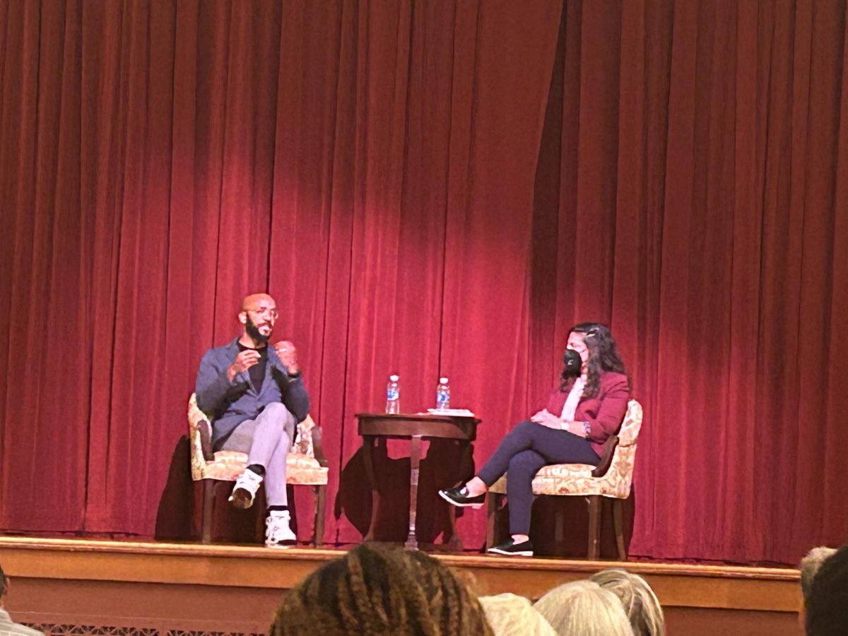 Clint Smith, award-winning writer and poet, and Christina Abreu, director of the Center for Latin American and Latino Studies, hosts a conversation at the Lincoln Lecture event Thursday. Smith talked about his book and the history of slavery across America. (Emily Beebe | Northern Star)