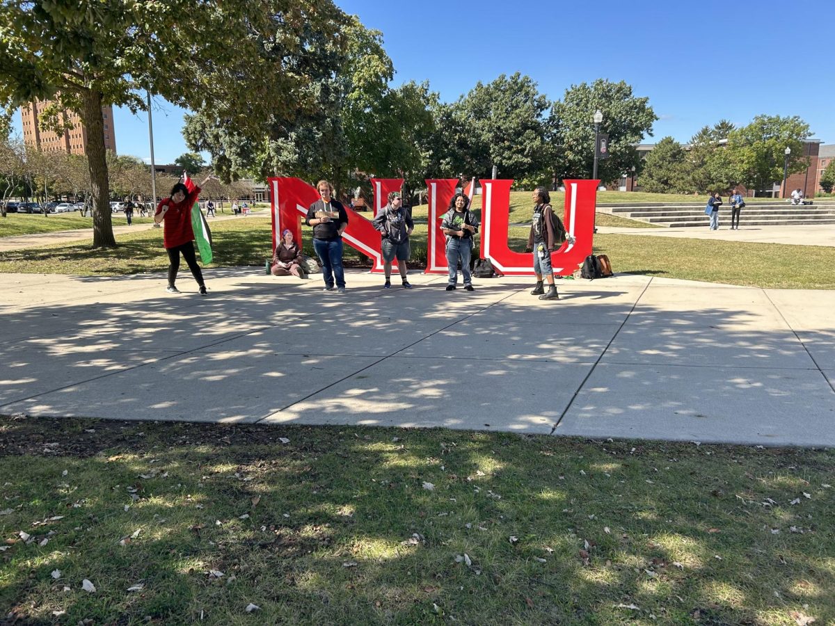 A group of NIU students stand in front of the NIU letters holding Palestinian flags. There was a rally in support of Palestine from 10 a.m. to 3 p.m. Wednesday in MLK Commons. (Emily Beebe | Northern Star)