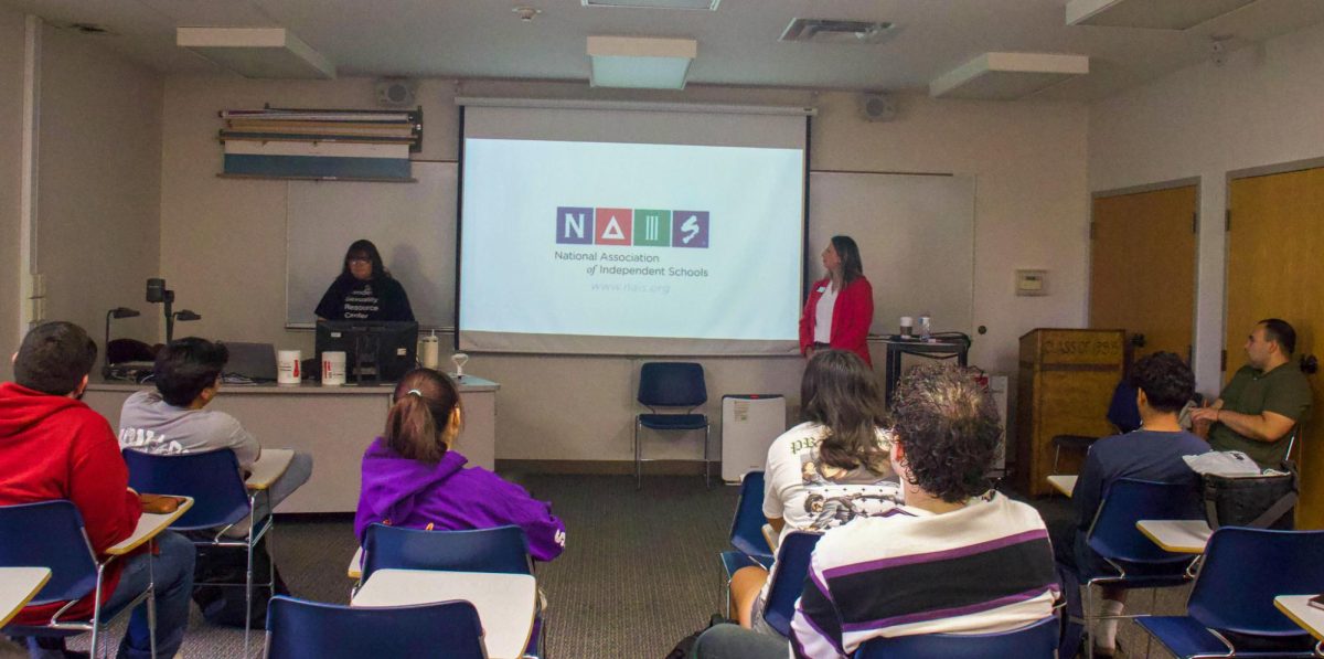 Students sit in class paying attention to the screen that reads "National Association of Independent Schools” during an in-class presentation about Intersectionality hosted by the Gender and Sexuality Resource Center. NIU has a campaign called the "Go to Class Campaign" that encourages students to not skip class. (Marco Alvarez | Northern Star)